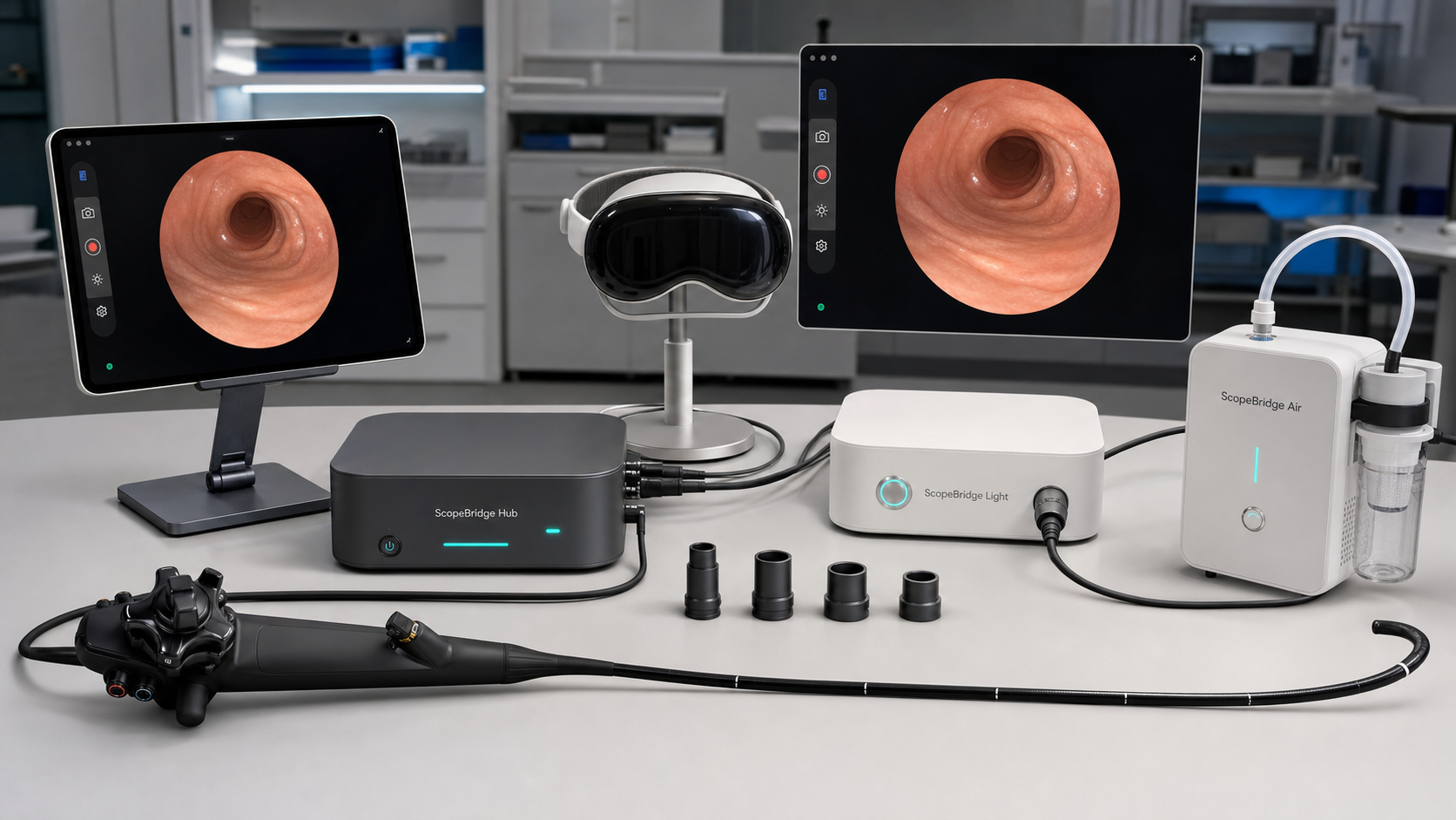 ScopeBridge app shown on iPad and Apple Vision Pro with portable endoscopy hardware.