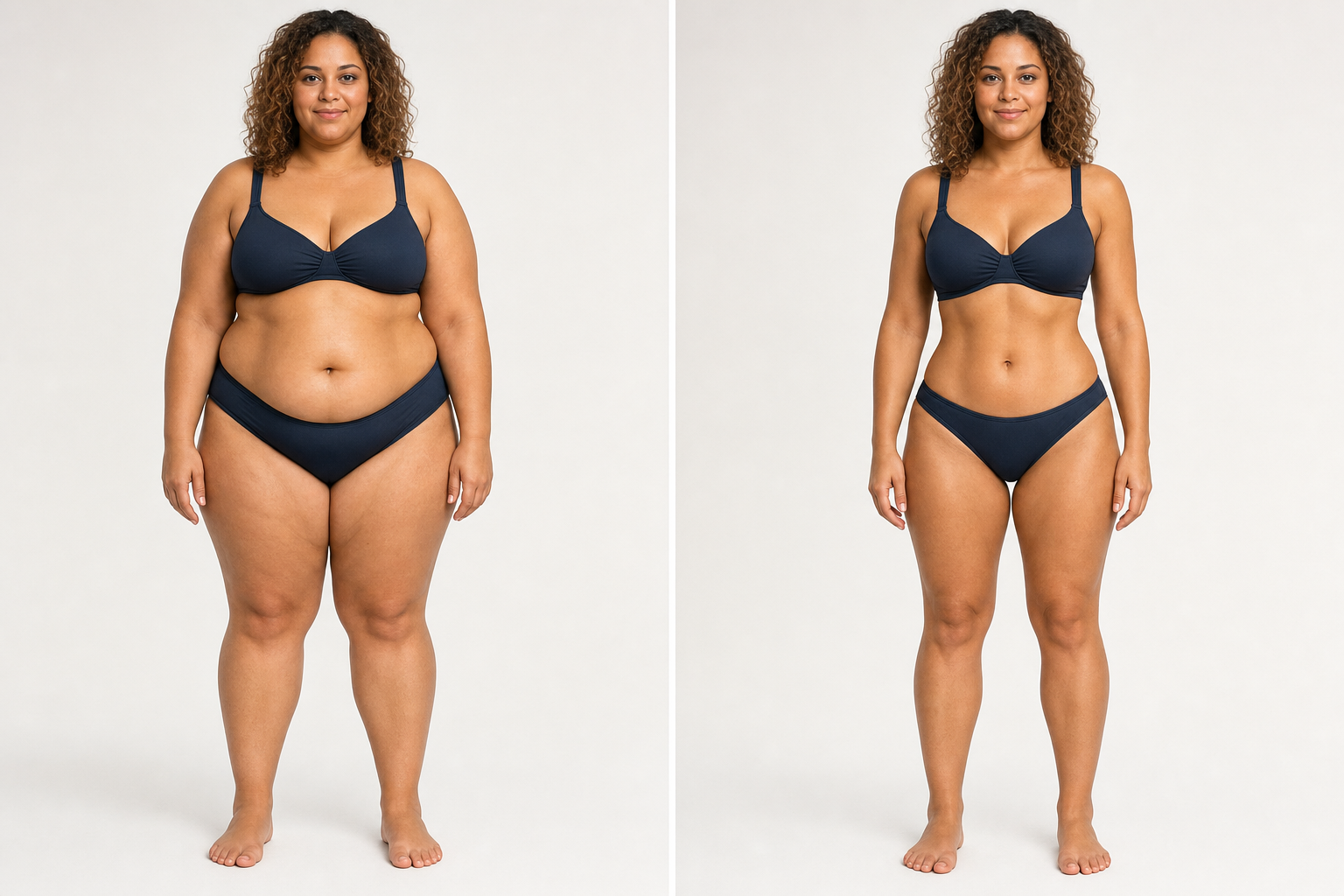 ShapeShift body transformation preview showing a side-by-side metabolic education visualization.